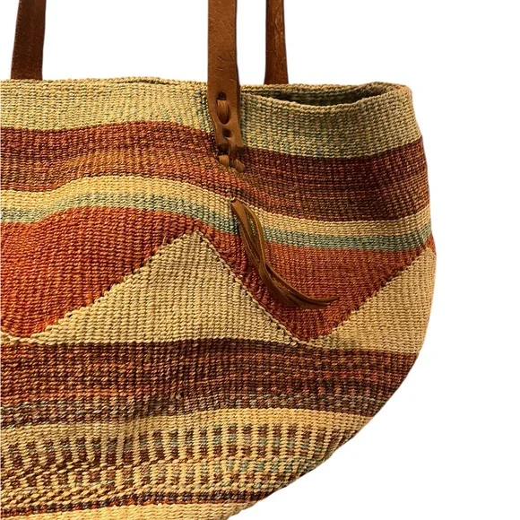 Vintage Raffia Woven Shoulder Bag Boho Beach Bucket Leather Strap Large Brown - Picture 5 of 9